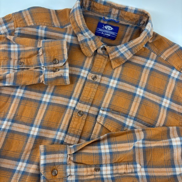 AFTCO Other - AFTCO Mens Button Up Shirt XL Orange Plaid‎ Flannel Stretch Long Sleeve Coastal